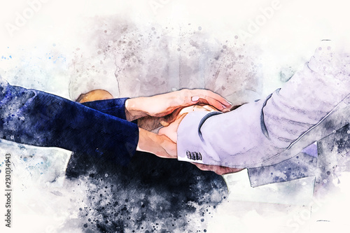 Abstract Join hands business concept and handshake concept on watercolor painting background.