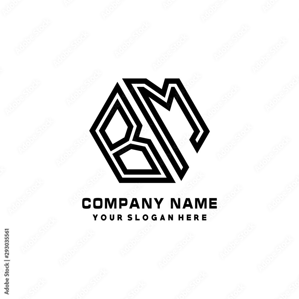 BM initial letters, hexagon logo minimalist art lines, black color