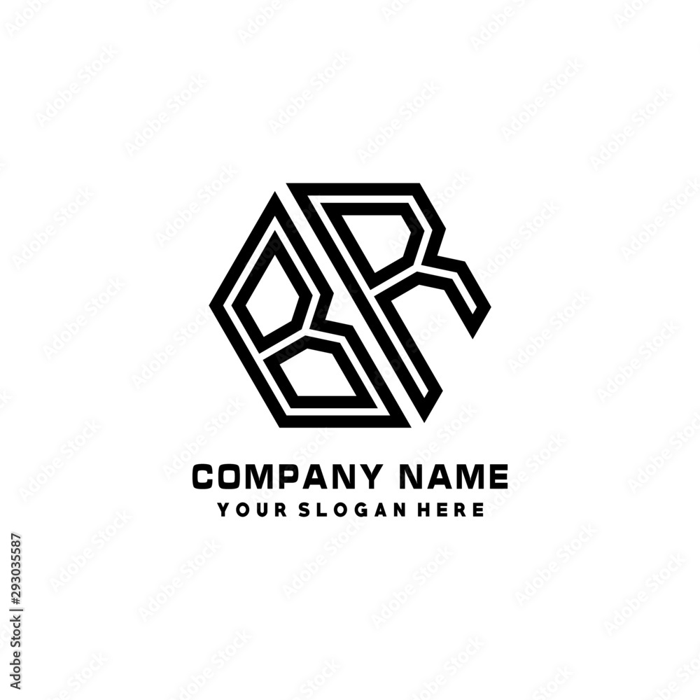 BR initial letters, hexagon logo minimalist art lines, black color BR initial letters, hexagon logo minimalist art lines, black color