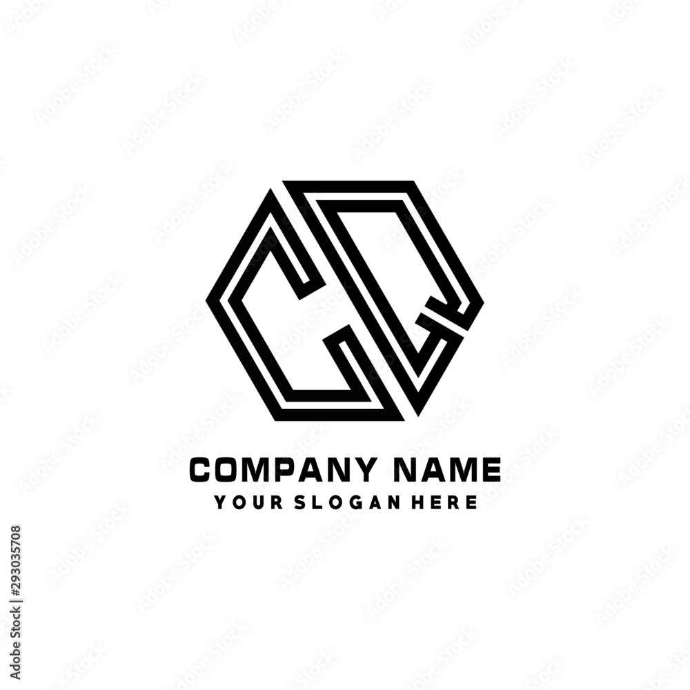 CQ initial letters, hexagon logo minimalist art lines, black color CQ initial letters, hexagon logo minimalist art lines, black color