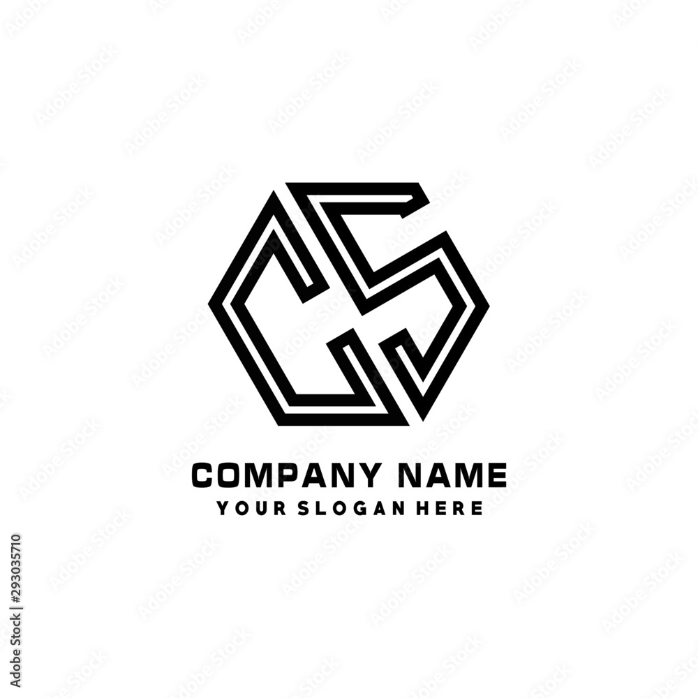 CS initial letters, hexagon logo minimalist art lines, black color CS initial letters, hexagon logo minimalist art lines, black color