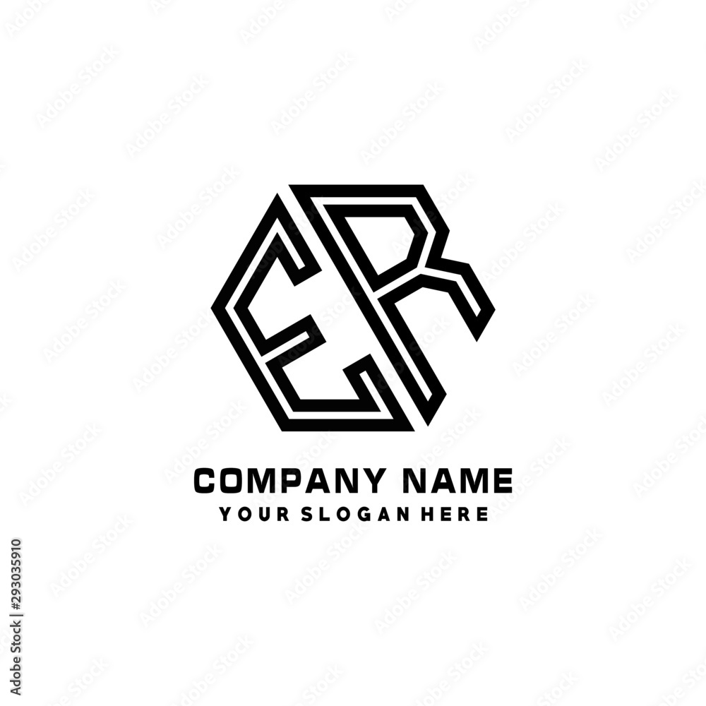 ER initial letters, hexagon logo minimalist art lines, black color ER initial letters, hexagon logo minimalist art lines, black color