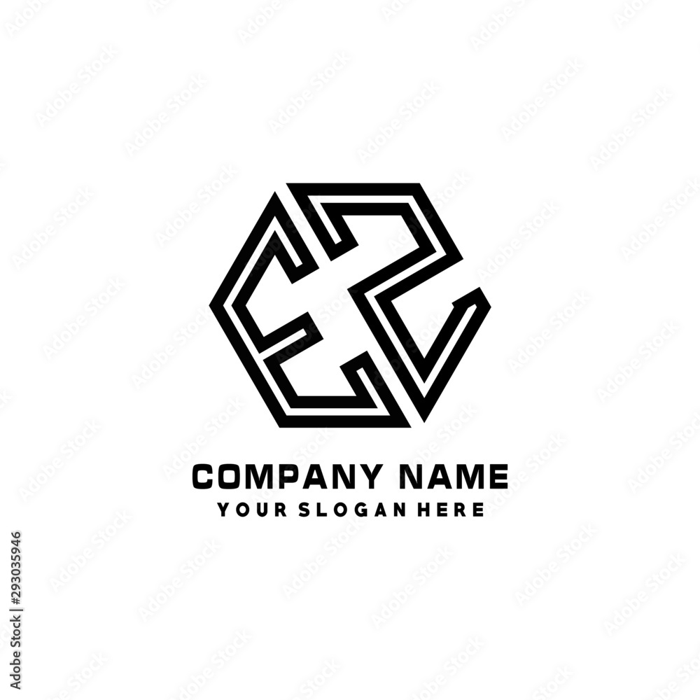 EZ initial letters, hexagon logo minimalist art lines, black color EZ initial letters, hexagon logo minimalist art lines, black color