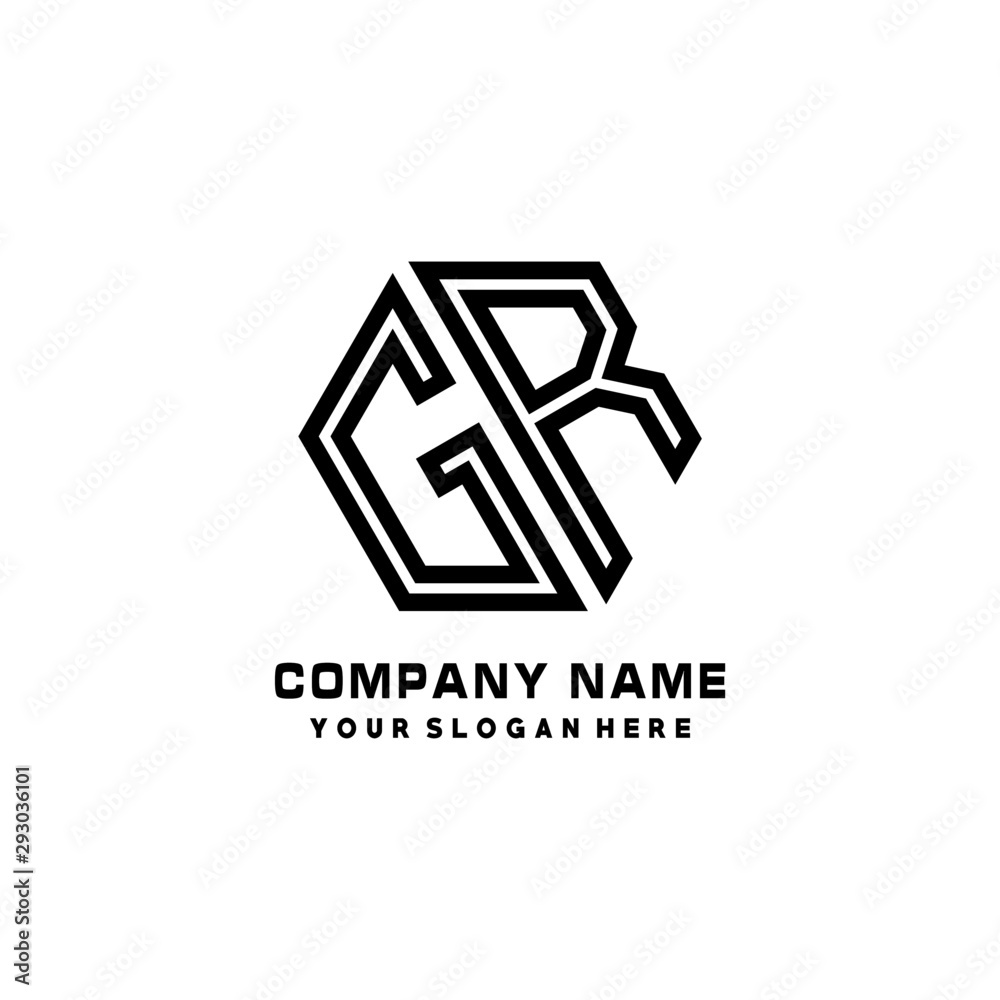 GR initial letters, hexagon logo minimalist art lines, black color GR initial letters, hexagon logo minimalist art lines, black color