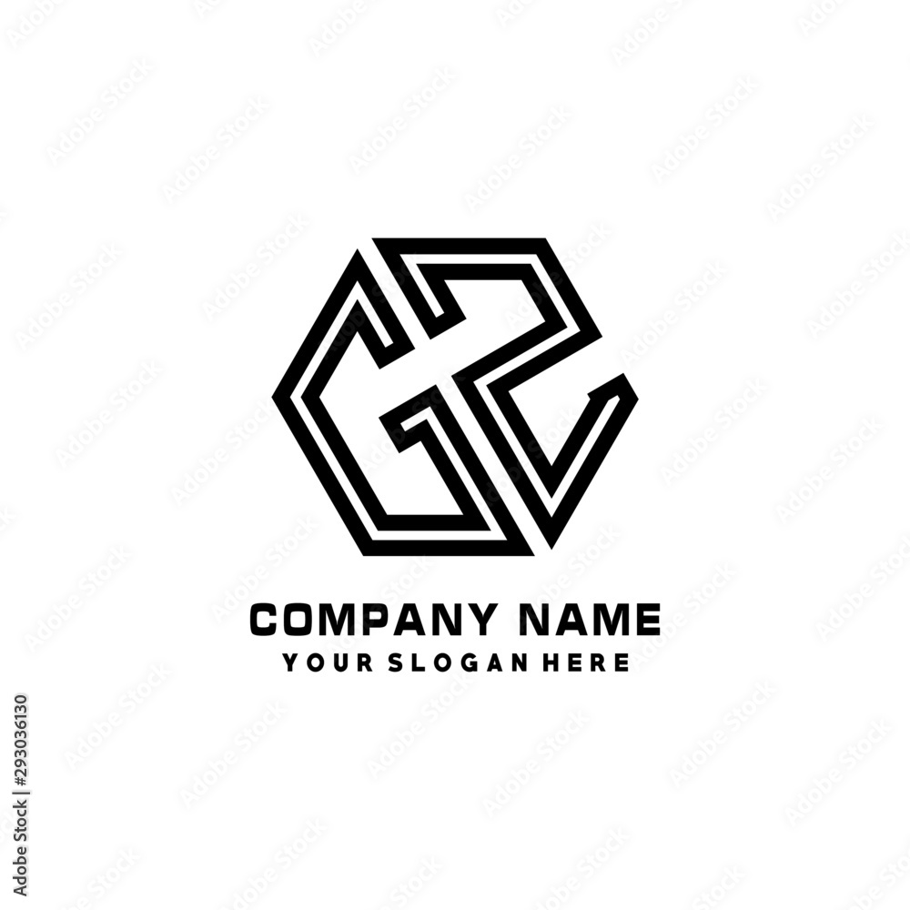 GZ initial letters, hexagon logo minimalist art lines, black color GZ initial letters, hexagon logo minimalist art lines, black color