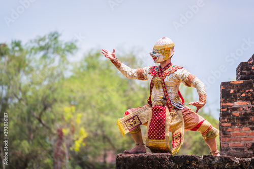 Khon is art culture Thailand Dancing in masked .This seance Hanuman is dancing in literature Ramayana. Khon is thailand culture and traditional
