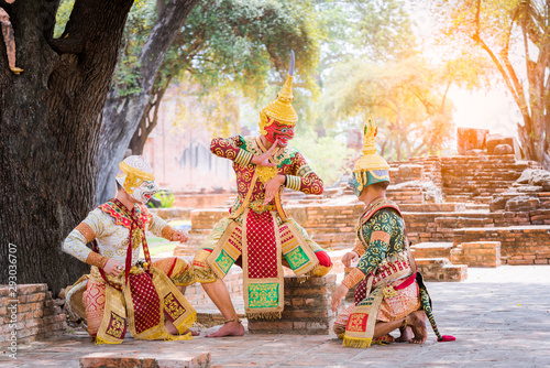 Khon is art culture Thailand Dancing in masked.This Acting scene pantomime show "Raise the Battle"  The battle of the two sides are fighting in literature Ramayana