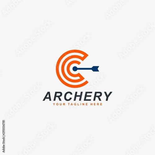 Archery logo design vector. Letter C and bow abstract symbol. Letter C outline logo design. Archery sport vector icon.