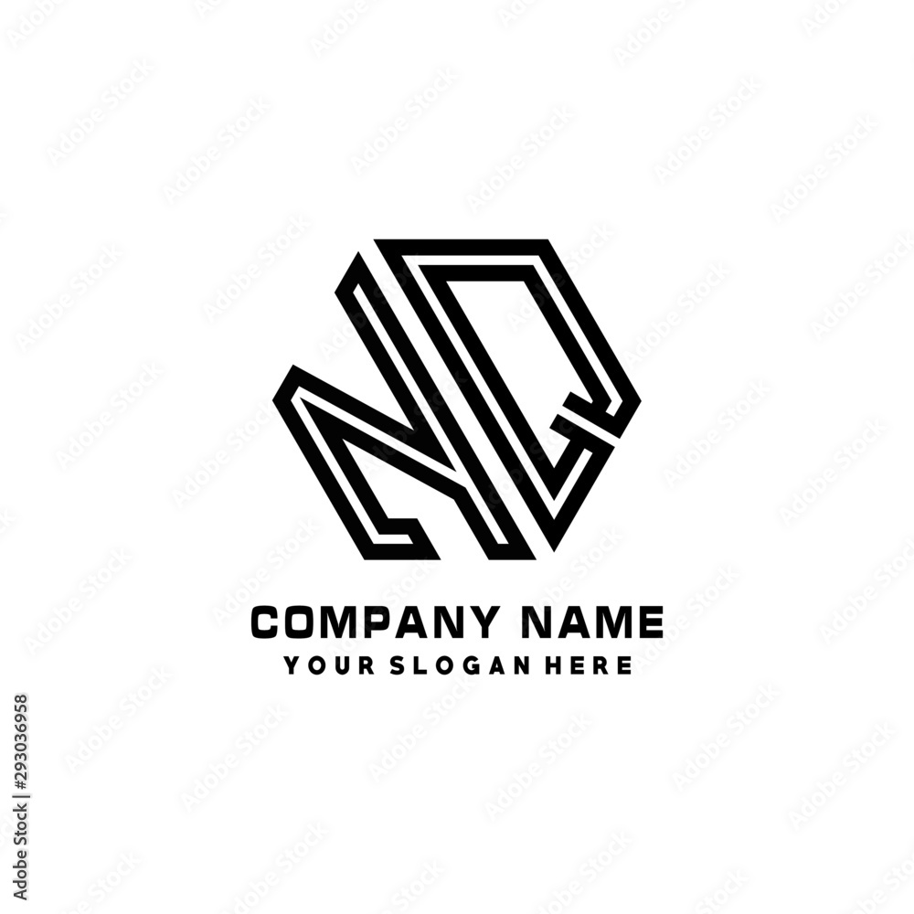 NQ initial letters, hexagon logo minimalist art lines, black color NQ initial letters, hexagon logo minimalist art lines, black color