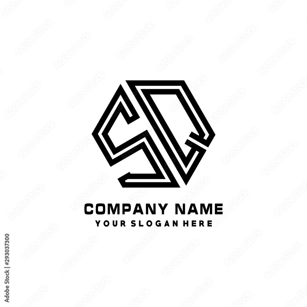 SQ initial letters, hexagon logo minimalist art lines, black color