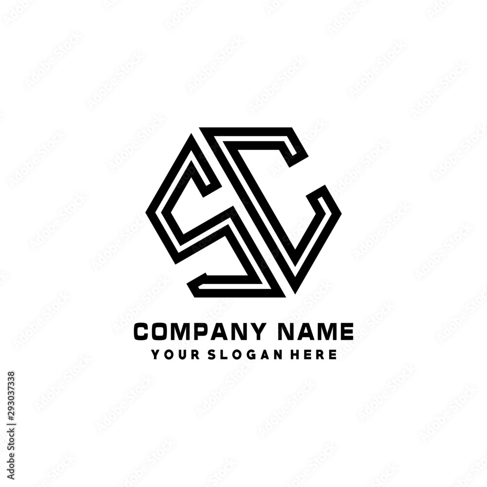SC initial letters, hexagon logo minimalist art lines, black color SC initial letters, hexagon logo minimalist art lines, black color