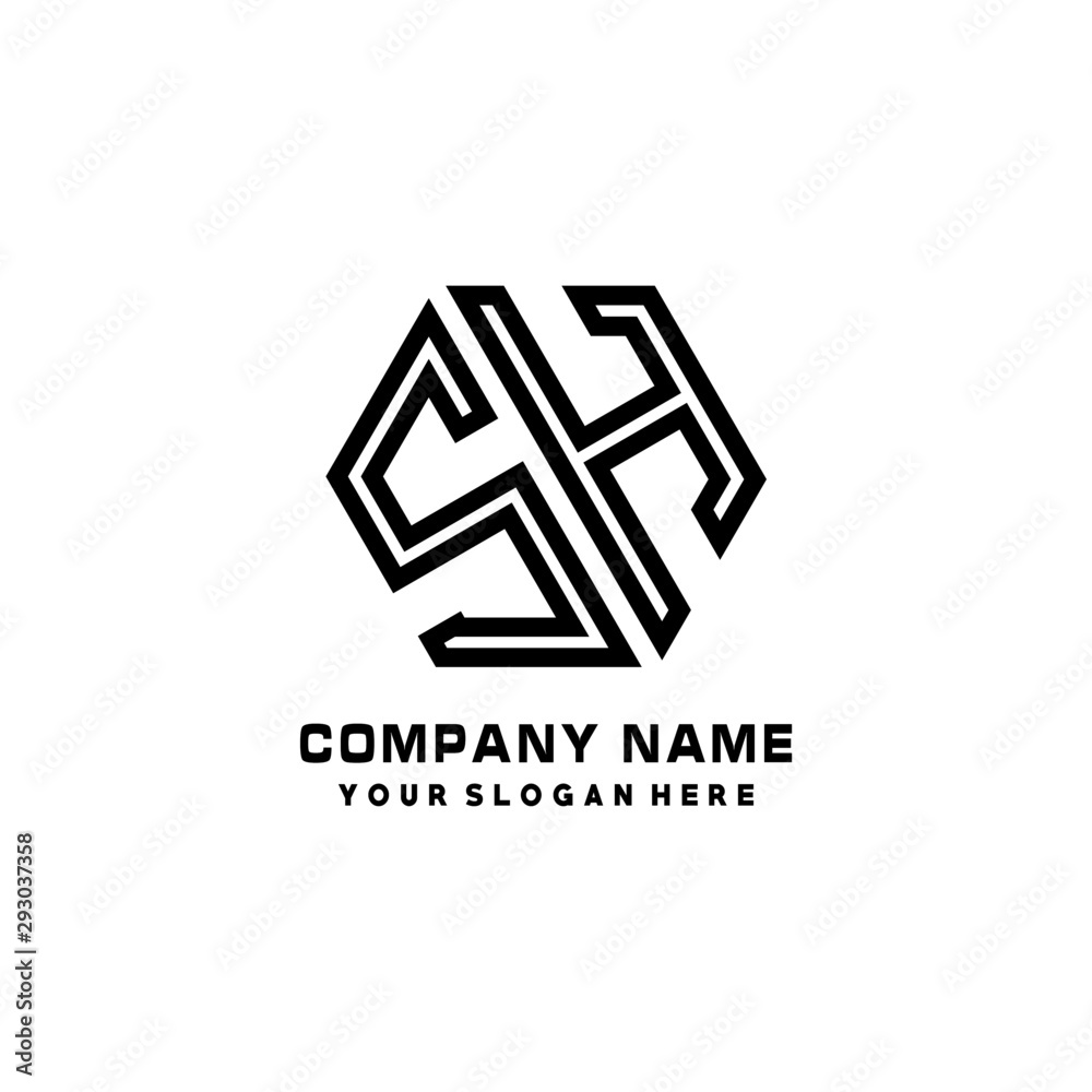 Obraz premium SH initial letters, hexagon logo minimalist art lines, black color