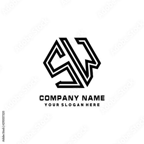 SW initial letters, hexagon logo minimalist art lines, black color