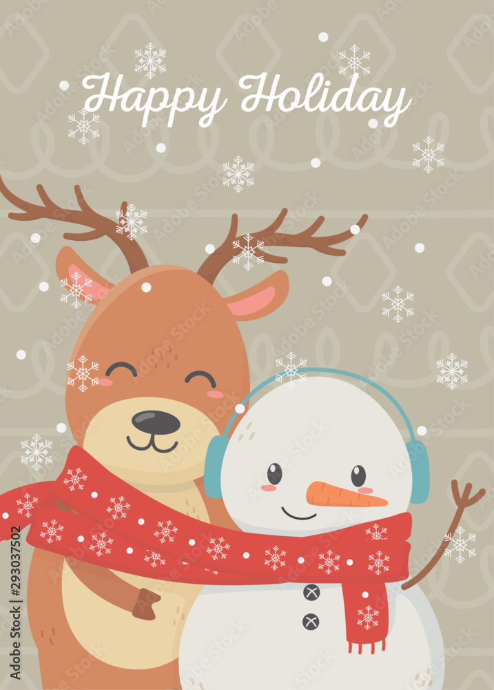Fototapeta premium snowman reindeer celebration happy christmas card