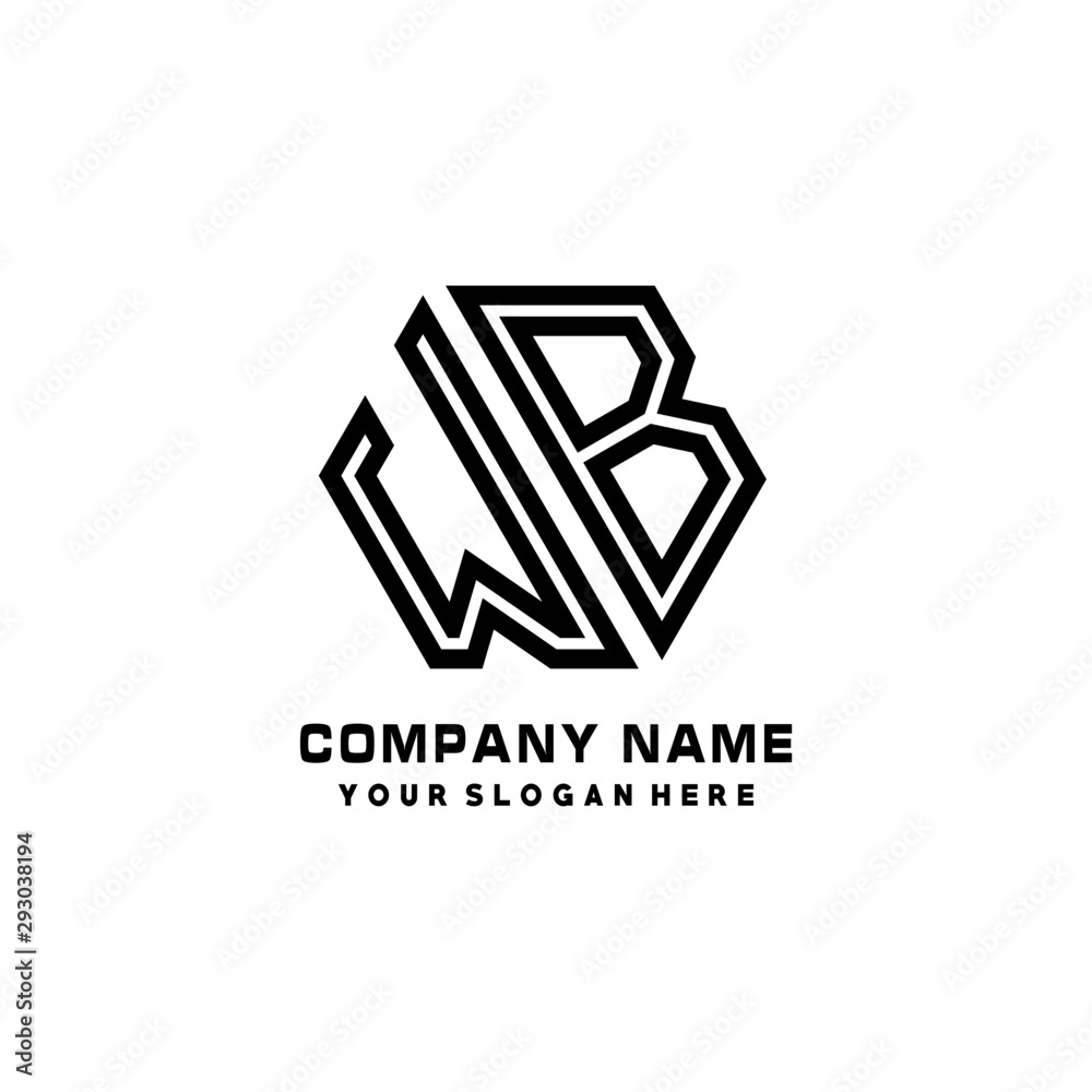 WB initial letters, hexagon logo minimalist art lines, black color WB initial letters, hexagon logo minimalist art lines, black color