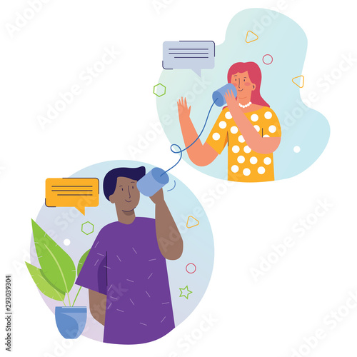 Two characters man and woman talk communicate using tin phone string and can. Concept of distance relationship.