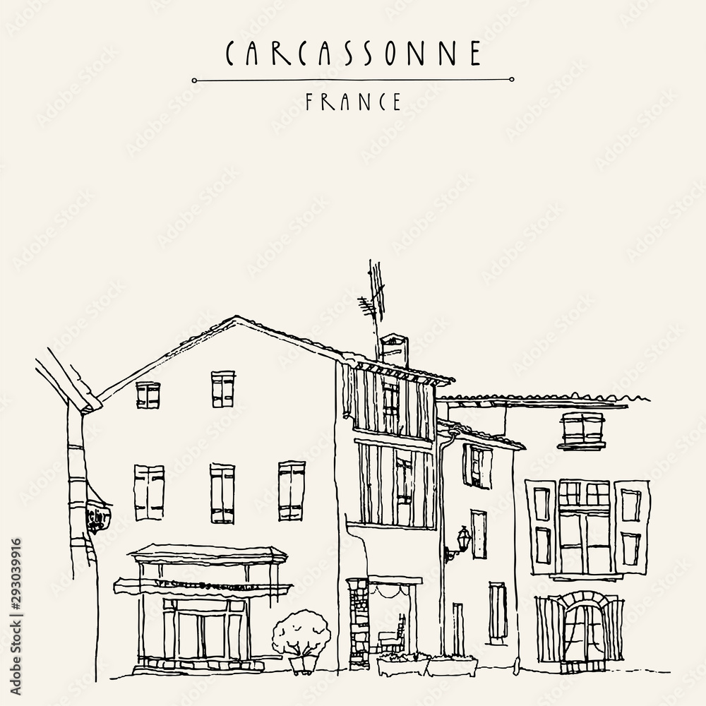 Obraz premium Antique houses in Carcassonne, France, Europe. Cozy European town near the famous castle. Hand drawing in retro style. Travel sketch. Vintage touristic postcard, poster or book illustration. EPS10 vec