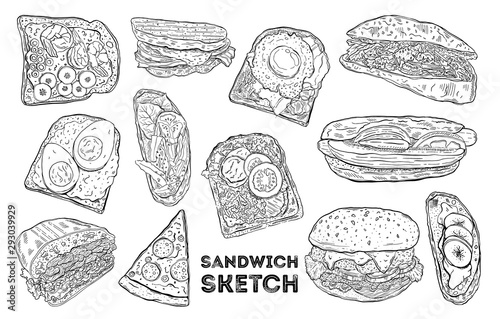 Sandwich sketch set. Hand drawing  food. All elements are isolated in white background.