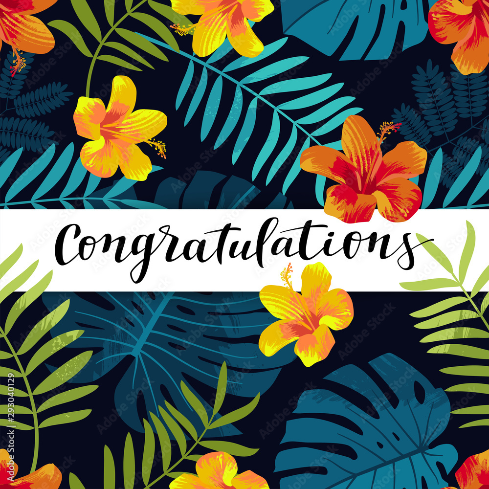 Congratulations greeting card. Tropical Summer seamless pattern with monstera leaves and hibiscus flowers. Bright jungle background. Vivid juicy colors. Hawaiian graduate party backdrop. EPS10 vector