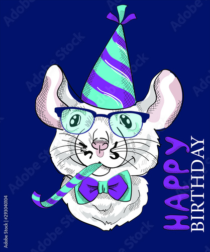 Funny mouse party with glasses and a cap, animal making a silly face and blowing a noisemaker. Happy birthday lettering quote. Card, t-shirt composition, hand drawn style print. Vector