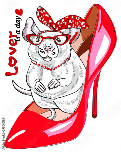 Cute Mouse sits in a shoe, with  red bezel and beads .  Pin up style. lover is a day - lettering quote. Humor card, t-shirt composition, hand drawn style print. Vector illustration. photo