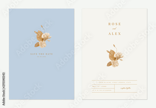 Minimalist floral wedding invitation card template design, various flowers in brown tones on blue, pastel vintage theme