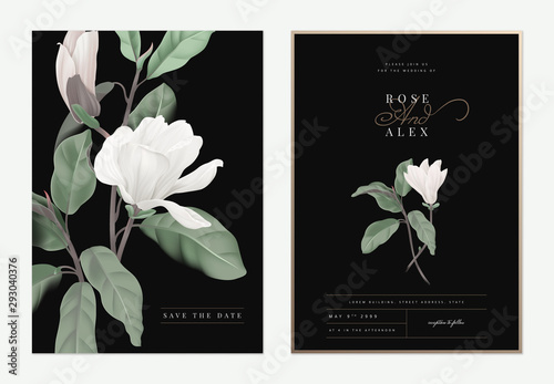 Floral wedding invitation card template design, white Anise magnolia flowers with leaves on dark grey, pastel vintage theme