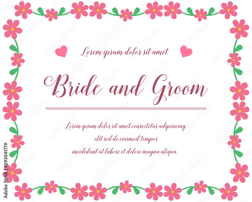 Template for invitation card bride and groom, with decorative pattern of pink flower frame. Vector