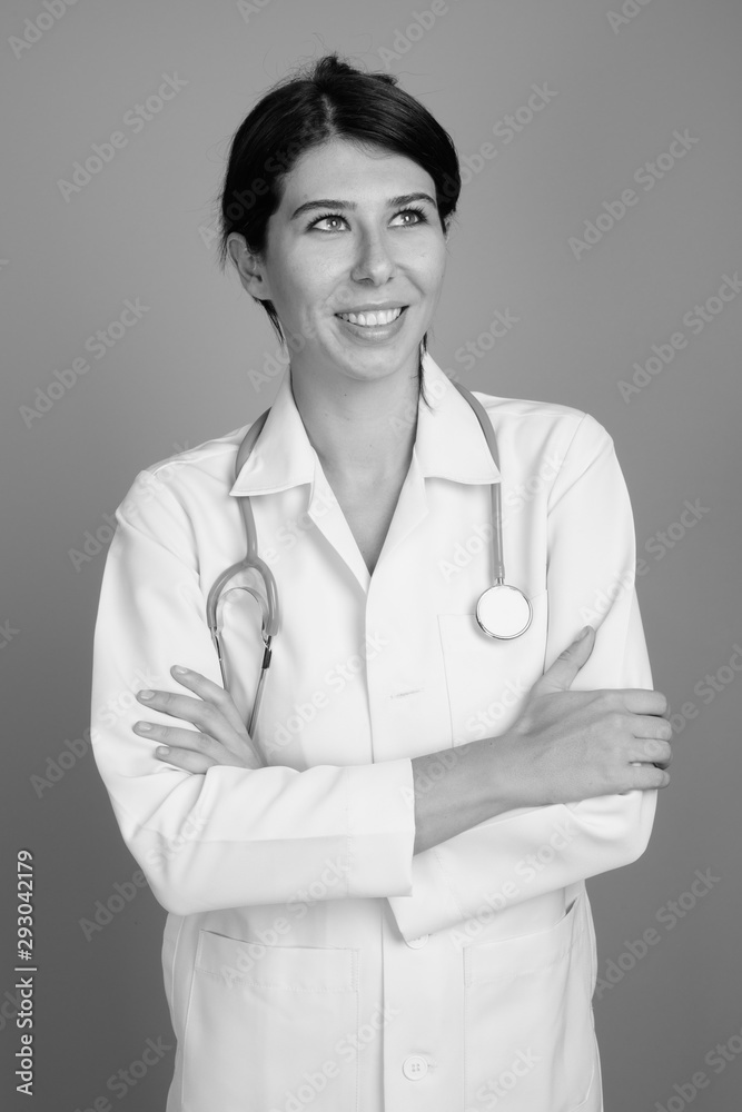 Portrait of young woman doctor shot in black and white Portrait of young woman doctor shot in black and white