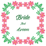 Place for text, bride and groom, romantic, with graphic of pink floral frame. Vector