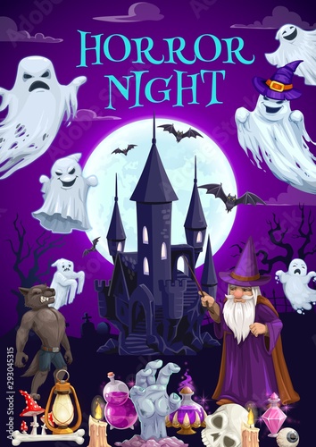 Halloween ghosts, bats and werewolf, wizard, skull