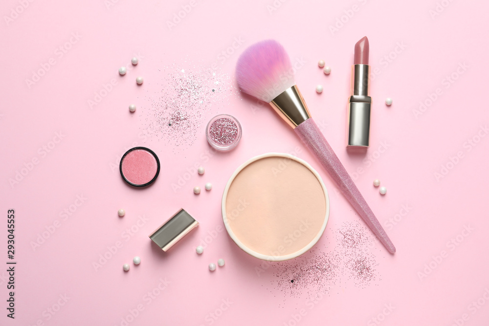 Flat lay composition with makeup brushes on pink background Flat lay composition with makeup brushes on pink background