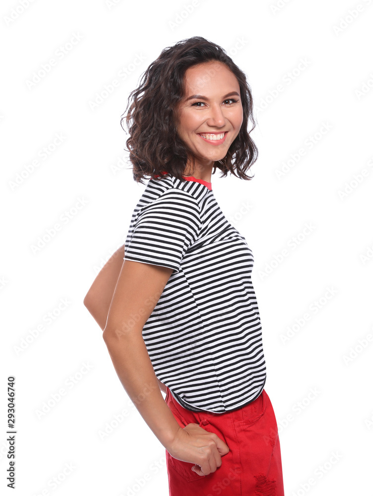 Portrait of happy young woman on white background Portrait of happy young woman on white background