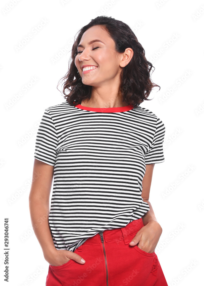 Beautiful young woman standing on white background Beautiful young woman standing on white background