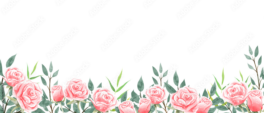Roses garden wallpaper on white background. Design for wallpaper, website banner, backdrop, and background. Space for text.
