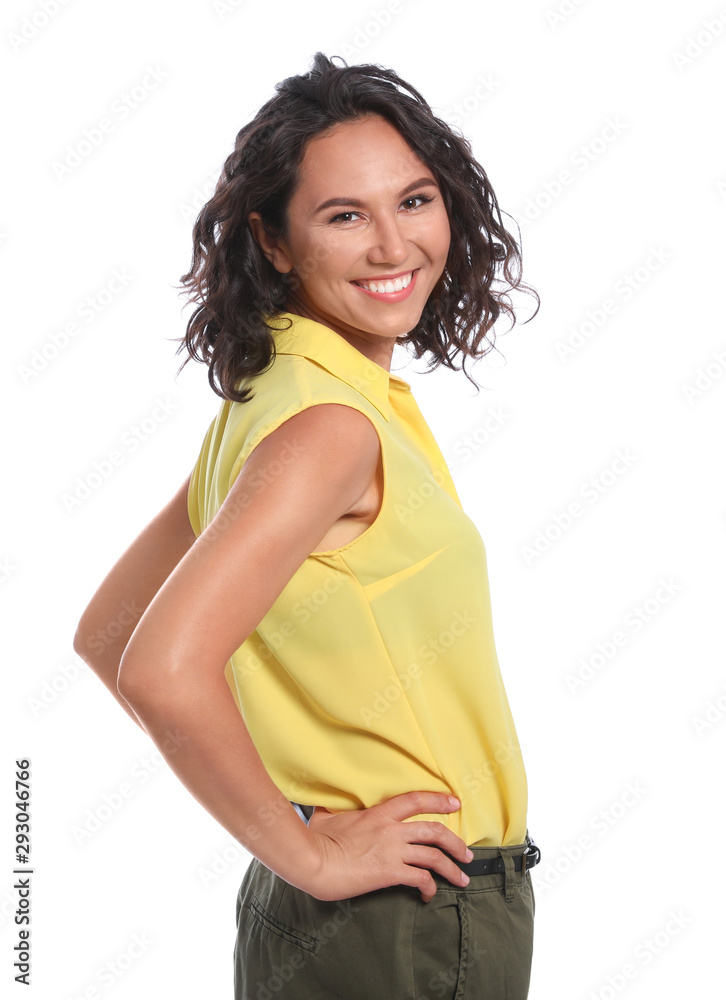 Portrait of happy young woman on white background Portrait of happy young woman on white background