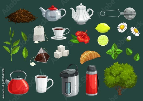 Tea icons of cups, teapot, leaves, sugar, teabags