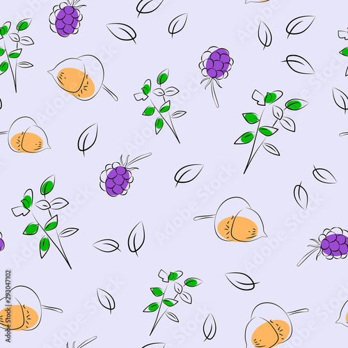 Seamless forest pattern BlackBerry berries, plants, acorns, leaves on lilac background