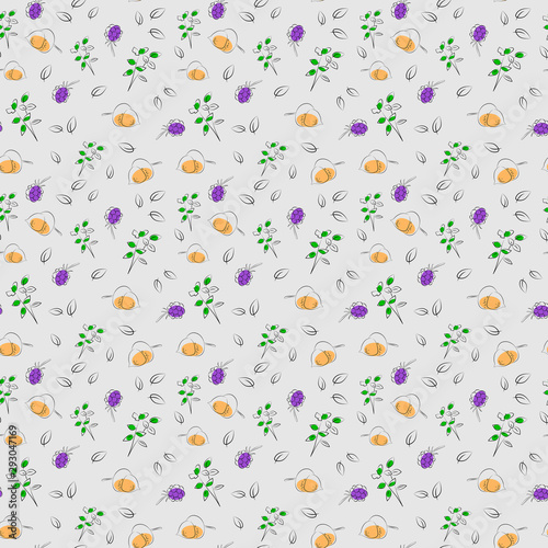 Seamless forest pattern BlackBerry berries, plants, acorns, leaves on grey background