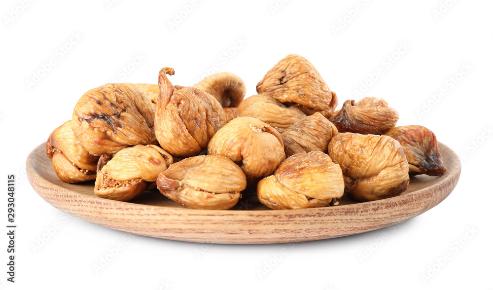 Wooden plate of dried figs on white background Wooden plate of dried figs on white background