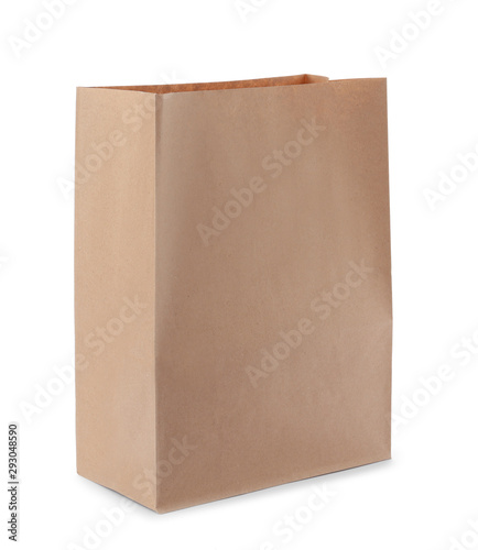 Empty craft paper bag isolated on white. Mockup for design