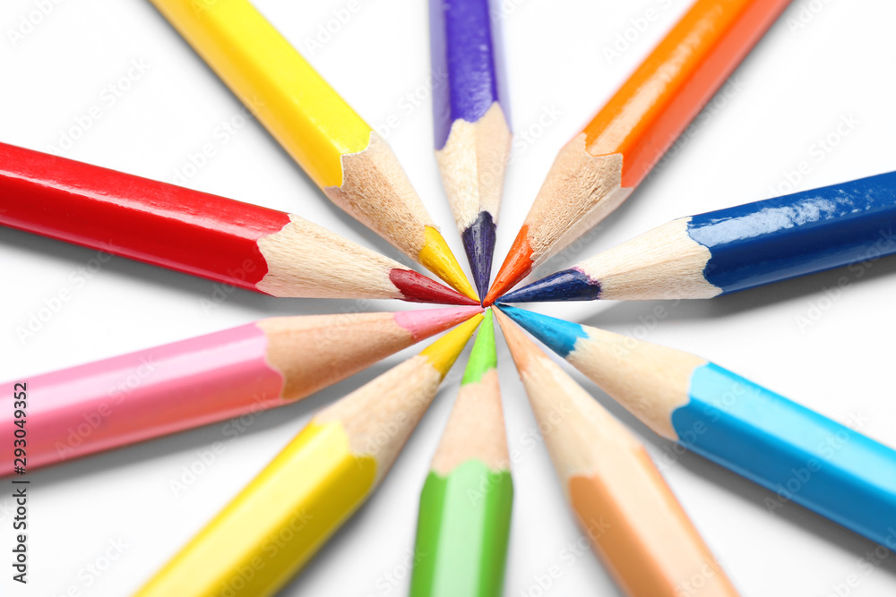 Different color pencils on white background, closeup Different color pencils on white background, closeup