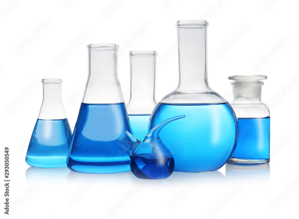 Set of laboratory glassware with blue liquid on white background Set of laboratory glassware with blue liquid on white background