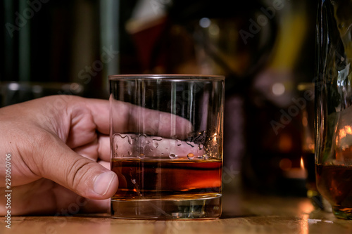 food and drink bartender Serve Whiskey, on wood bar -