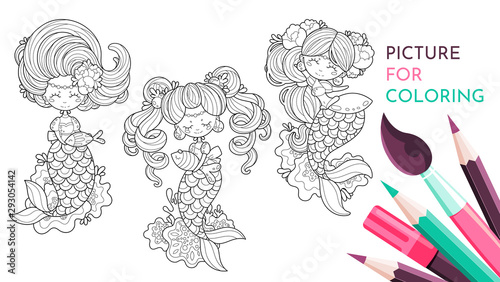 Cute little mermaids. A set of contour images. Page for coloring book, greeting card, print and poster. Hand-drawn vector illustration.