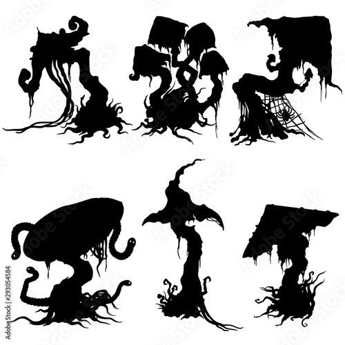 Sinister mushroom silhouettes set/ Illustration fantasy halloween decorative fable mushrooms 