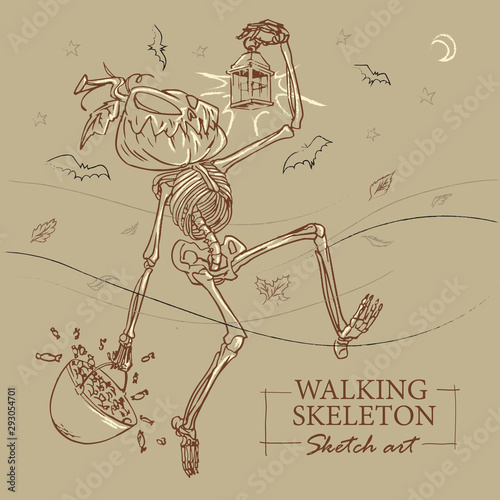 Walking skeleton sketch cartoon for Halloween with a pumpkin head.