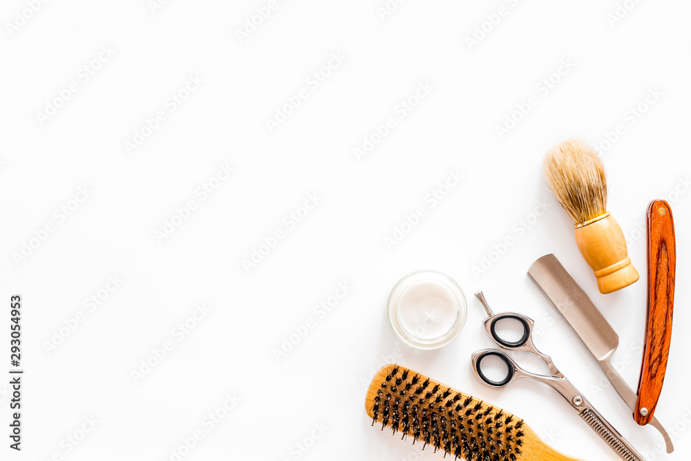 Men's shaving accessories on white background top view copy space Men's shaving accessories on white background top view copy space