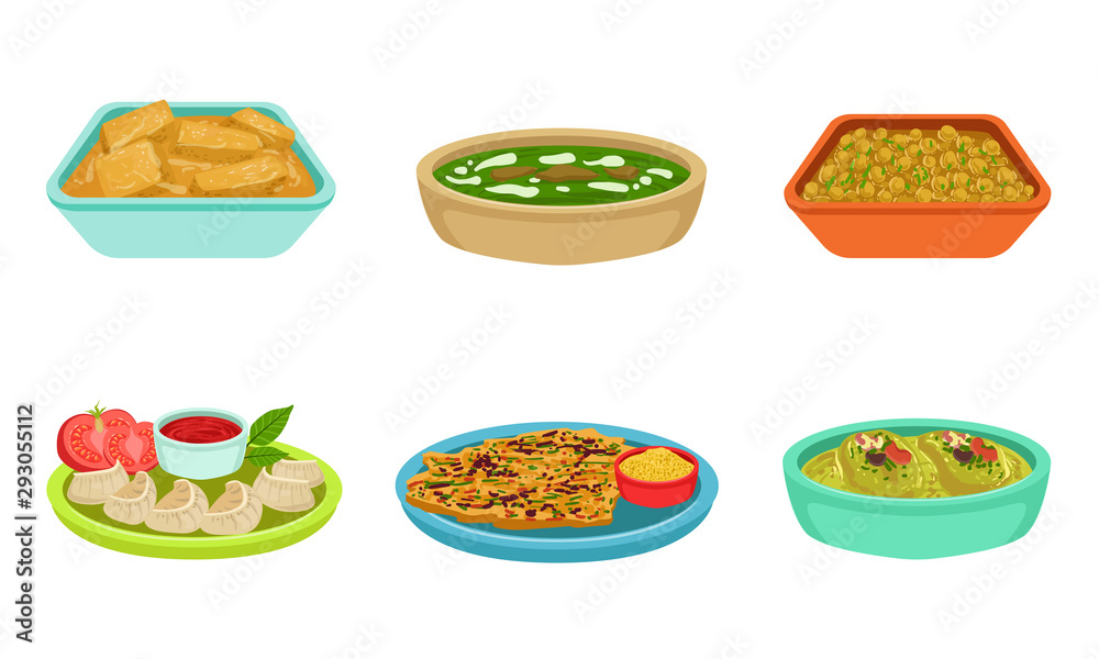 Collection of Delicious Food Dishes, Cafe, Restaurant Menu Design Element Vector Illustration