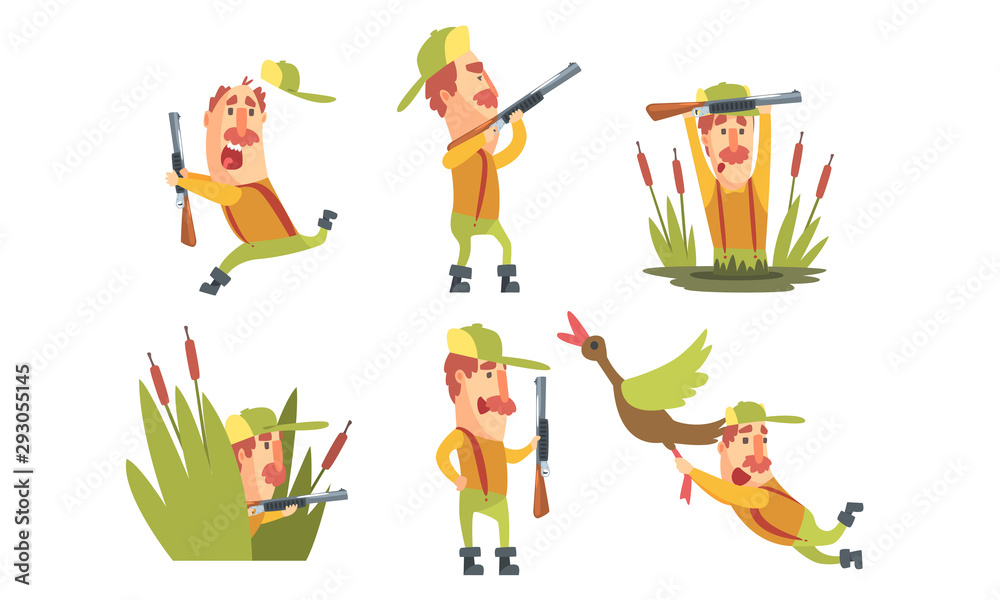 Collection of Funny Hunter Cartoon Character in Different Situations Vector  Illustration Stock Vector | Adobe Stock